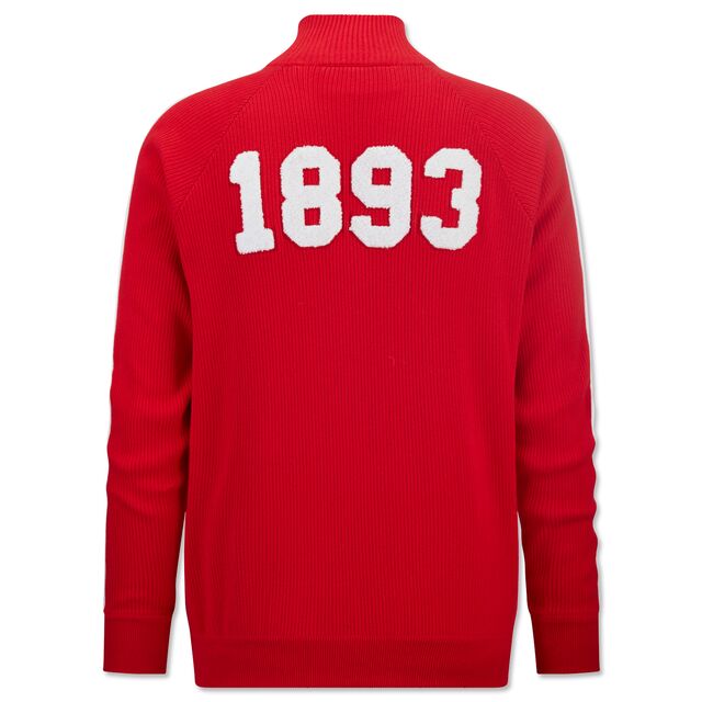 rote Rückseite der Premium Strickjacke 1893 mit großer weißer Aufschrift 1893