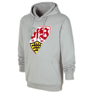 grauer Hoodie mit Kängurutaschen und mit großem VfB Wappen mit grauen und farbigen Bereichen