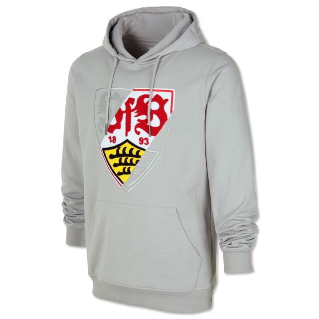 grauer Hoodie mit Kängurutaschen und mit großem VfB Wappen mit grauen und farbigen Bereichen