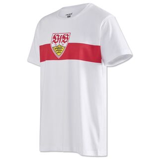 weißes T-Shirt mit rotem Brustring und VfB Wappen