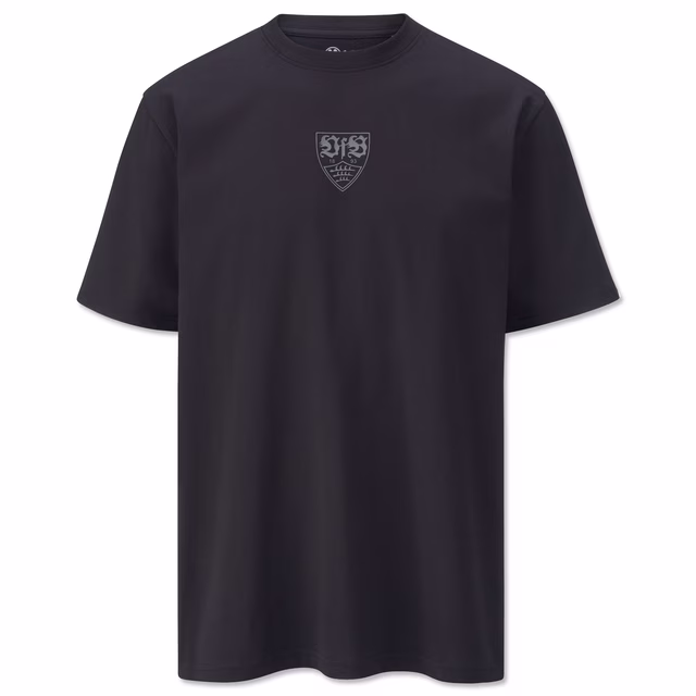 Schwarzes T-Shirt mit grauem VfB Wappen in der Mitte 