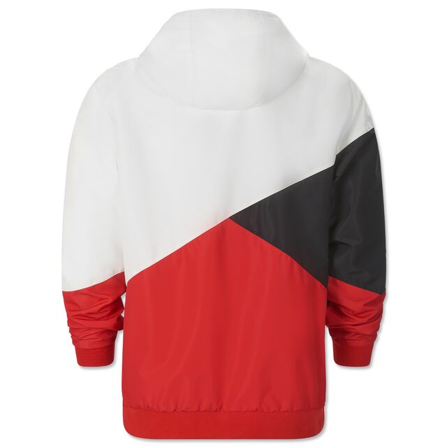 Rückseite des Windbreakers Diago mit diagonalem Streifenmuster in Weiß, Schwarz und Rot