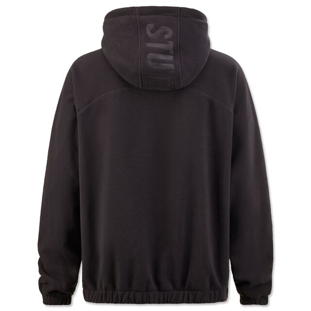 schwarze Rückseite des Fleece Hoodies mit dem Aufdruck Stuttgart auf der Kapuze