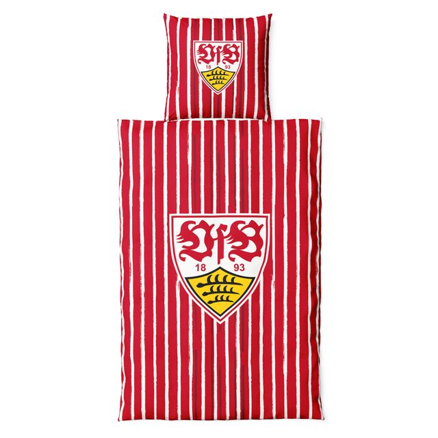 rote Bettwäsche mit weißen Streifen und VfB Wappen