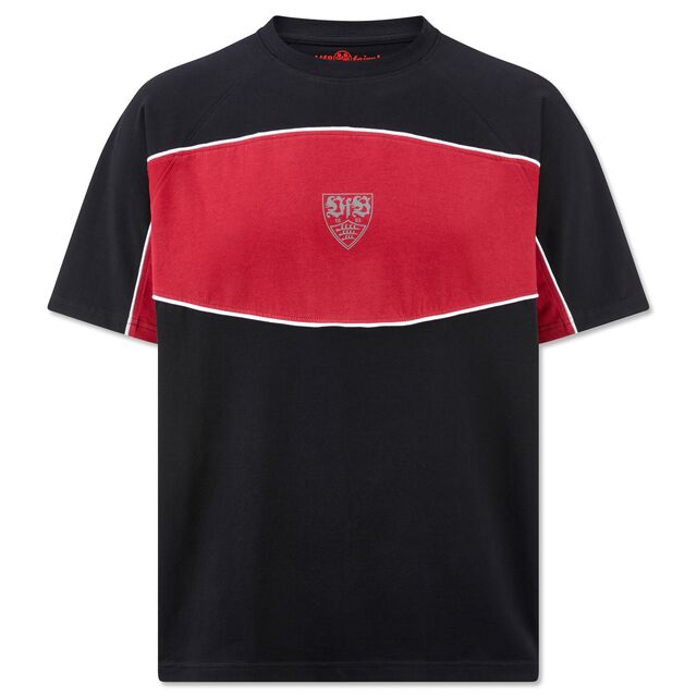 schwarz-rotes T-Shirt im 2000er Style mit VfB Wappen in der Mitte