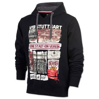schwarzer Hoodie mit Collage aus Schriftzügen und Grafiken zum VfB und der Stadt Stuttgart