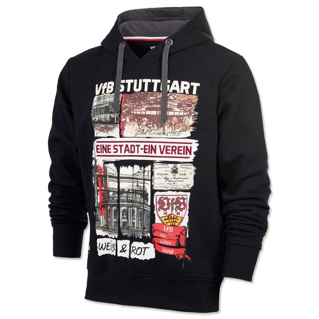 schwarzer Hoodie mit Collage aus Schriftzügen und Grafiken zum VfB und der Stadt Stuttgart