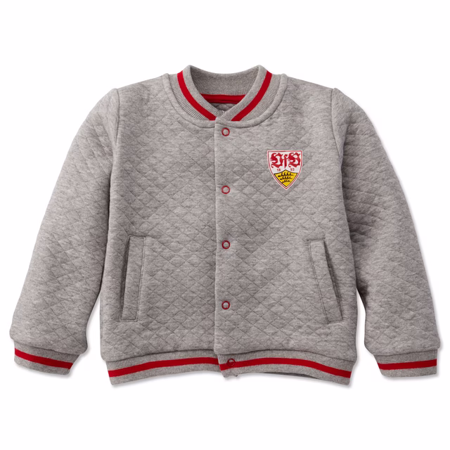grau gemusterte Sweatjacke mit roten Knöpfen und VfB Wappen auf der Brust