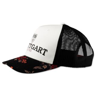 schwarz-weiße Kappe mit rotem Blumenmuster und schwarzem Netzteil
