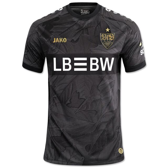 schwarzes Trikot im Damenschnitt mit Blatt Muster, goldenem VfB Wappen und JAKO Schriftzug auf der Brust sowie  LBBW Logo im Brustring