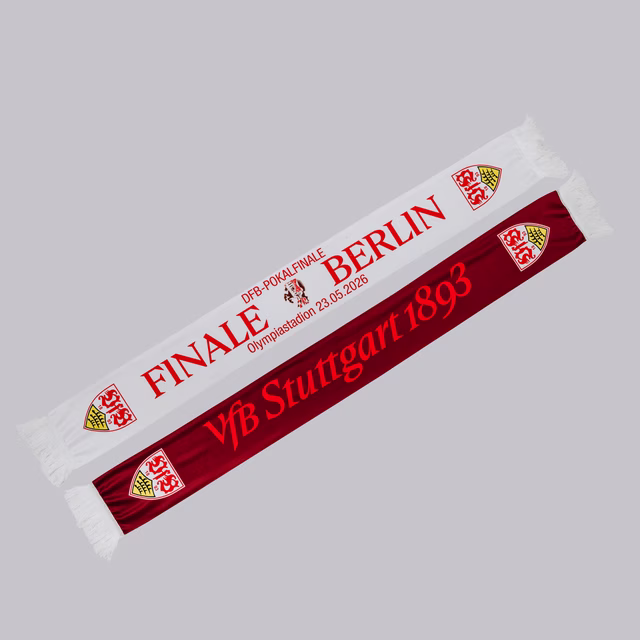 Schal in weiß und rot mit Datum des Pokalfinals und Schriftzügen Finale Berlin auf der weißen Seite und VfB Stuttgart 1893 auf der roten Seite, inkl. VfB Wappen