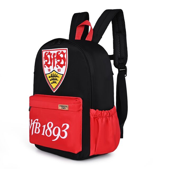 Schwarzer Rucksack mit großem VfB Wappen und roten Taschen mit Schriftzug VfB 1893 