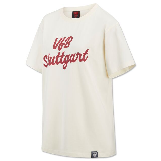 T-Shirt mit Damenschnitt in Offwhite mit der Aufschrift VfB Stuttgart