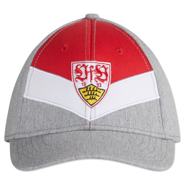 Kappe in Grau, Weiß und rot mit VfB Wappen auf der Vorderseite