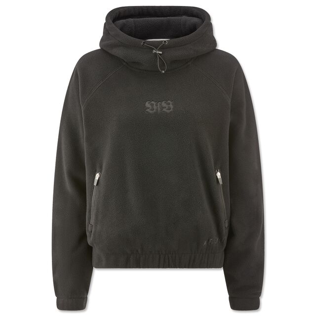 schwarzer Fleecehoodie mit Damenschnitt und Seitentaschen mit schwarzem VfB Logo in der Mitte