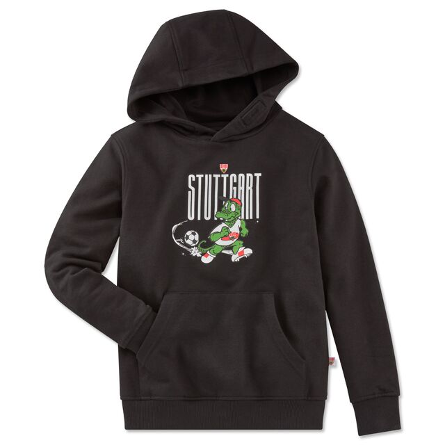 schwarzer Hoodie mit Fritzle beim Fußballspielen und der Aufschrift Stuttgart auf der Vorderseite