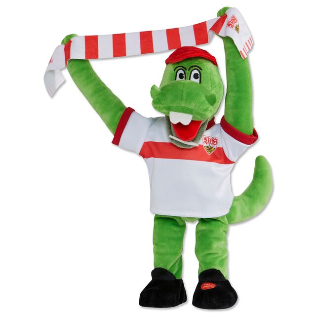 Plüschtier Fritzle im weißen VfB Trikot hält einen VfB Fanschal in die Höhe