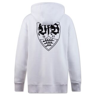 weiße Rückseite des Hoodies mit großem schwarzen VfB Wappen
