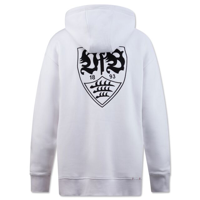 weiße Rückseite des Hoodies mit großem schwarzen VfB Wappen