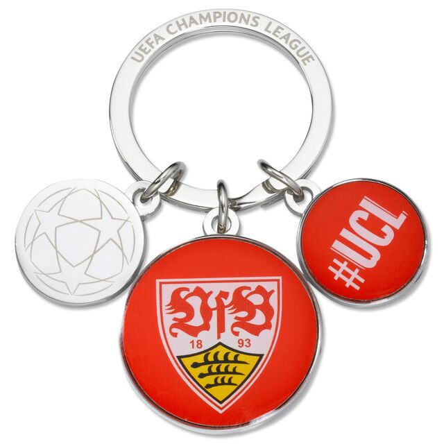 Schlüsselanhänger mit Aufschrift UCL, VfB Wappen und Champions League Ball