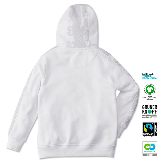 weiße Rückseite des Hoodies mit weißem Muster auf Kapuze und Ärmeln