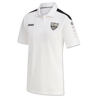 weißes Damen Tennispolo mit schwarzem VfB Wappen und JAKO Schriftzug auf der Brust