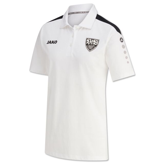 weißes Damen Tennispolo mit schwarzem VfB Wappen und JAKO Schriftzug auf der Brust