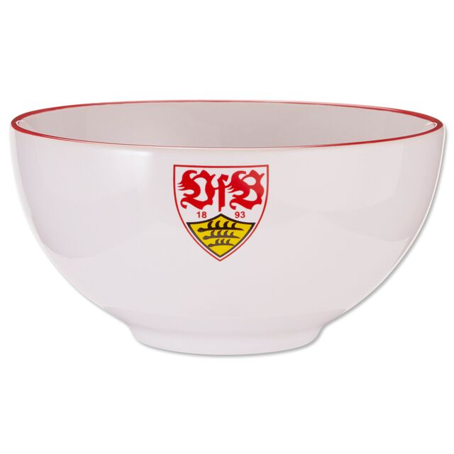 weiße Müslischale mit rotem Rand und VfB Wappen 