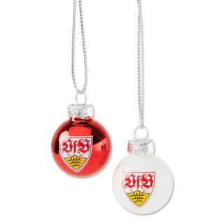 eine rote und eine weiße Christbaumkugel mit VfB Wappen