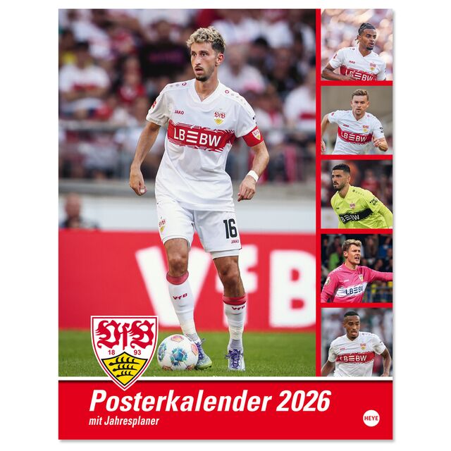 Vorderseite des VfB Posterkalenders 2026 mit Jahresplaner und Spielerbildern