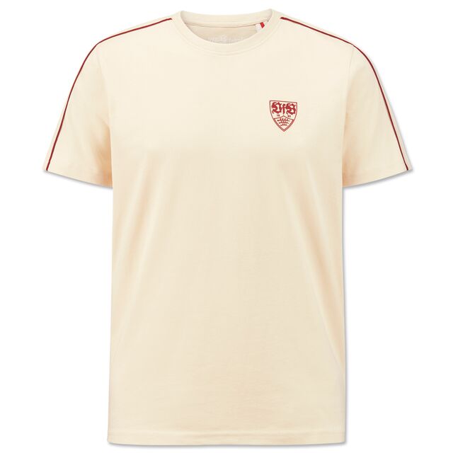 T-Shirt in beige mit roten Streifen an den Ärmeln und rotem VfB Wappen auf der Brust 