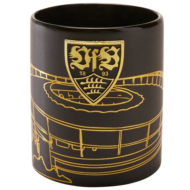 Schwarze Tasse mit goldenem VfB Wappen und Umriss des Stadions 