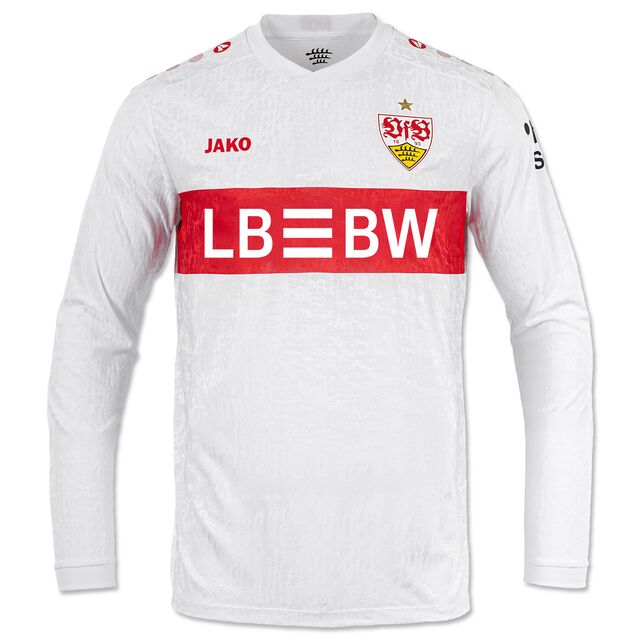 langärmeliges weißes Trikot mit rotem Brustring und LBBW als Sponsor sowie mit VfB Wappen und JAKO Schriftzug