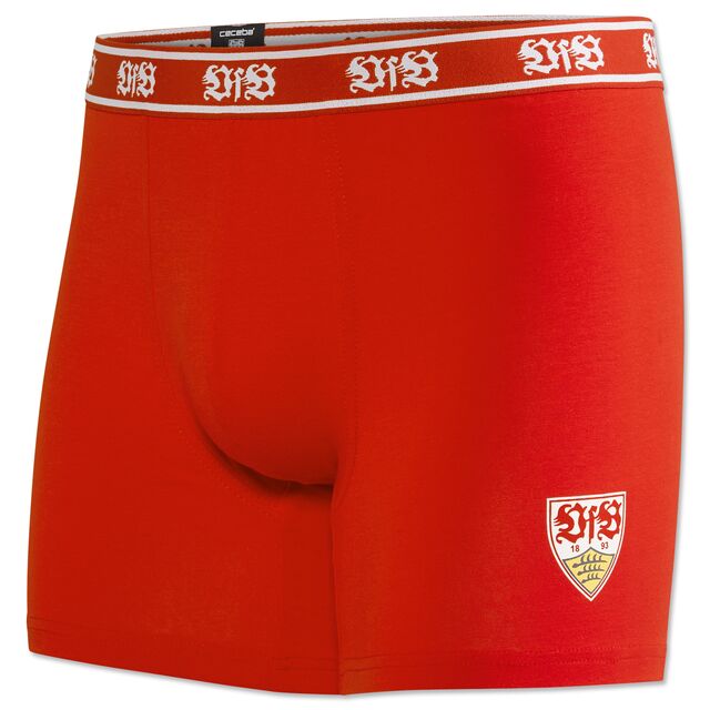 rote Boxershorts mit VfB Logo am oberen Rand und VfB Wappen an der Seite