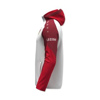 Seitenansicht der weiß-roten Kapuzenjacke 25/26 mit LBBW auf dem Ärmel
