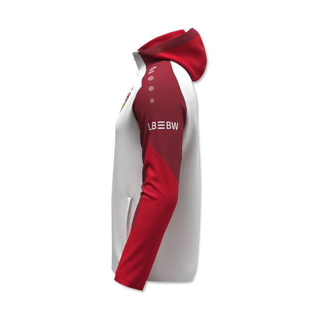 Seitenansicht der weiß-roten Kapuzenjacke 25/26 mit LBBW auf dem Ärmel