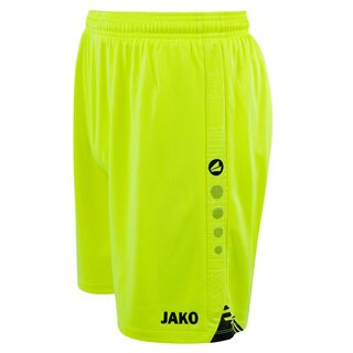 Seitenansicht der neongelben VfB Torwartshorts 25/26 mit schwarzen Elementen