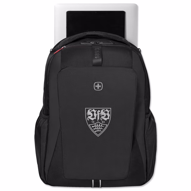 schwarzer Rucksack mit silbernem VfB Wappen auf der Vorderseite