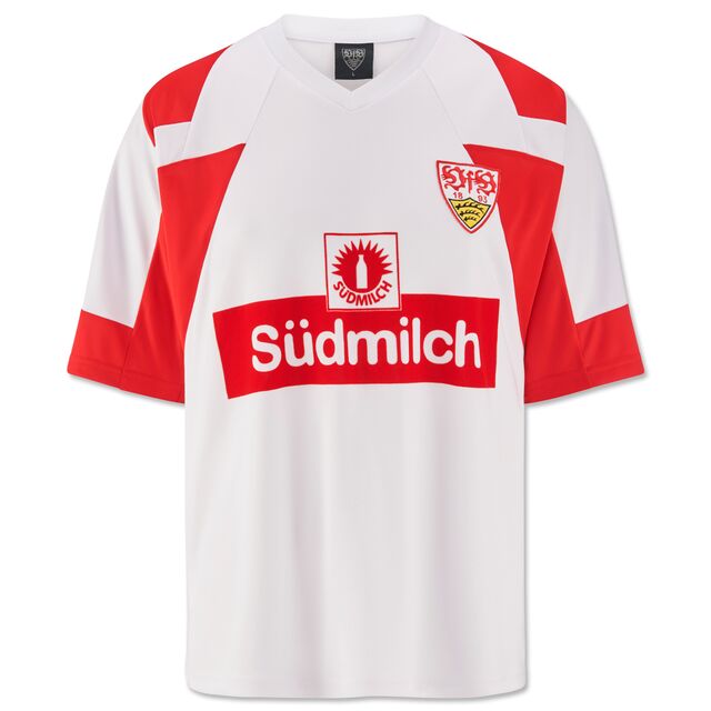 Weißes Trikot mit roten Ärmeln, Südmilch Logo und Schriftzug in der Mitte und VfB Wappen auf der Brust 