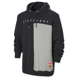 schwarzer Hoodie mit vertikalem grauen Farbbalken und der Aufschrift Stuttgart auf der Vorderseite