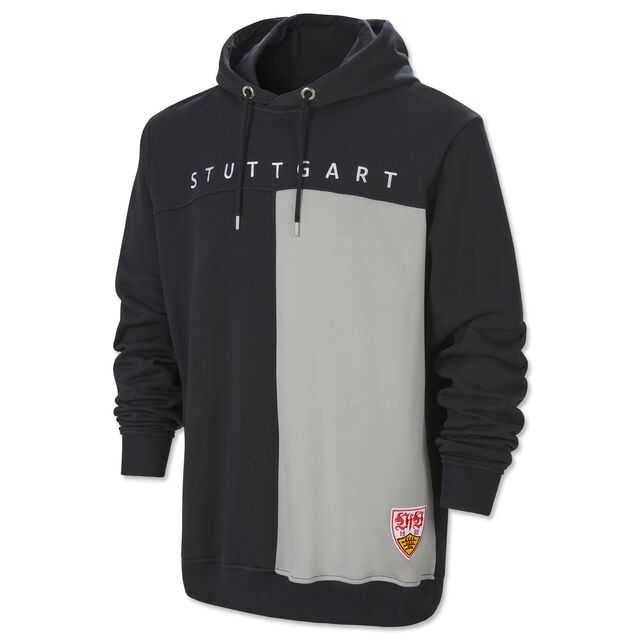 schwarzer Hoodie mit vertikalem grauen Farbbalken und der Aufschrift Stuttgart auf der Vorderseite