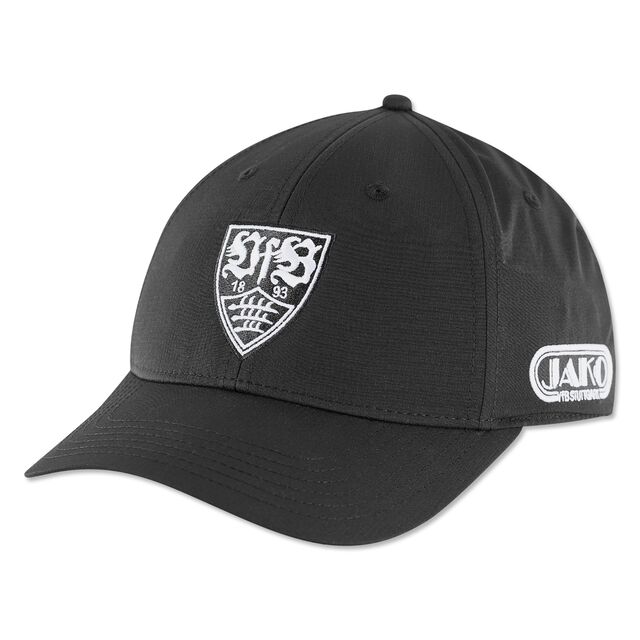 schwarze Kappe mit weißem VfB Wappen auf der Vorderseite und weißem JAKO Logo auf der Seite