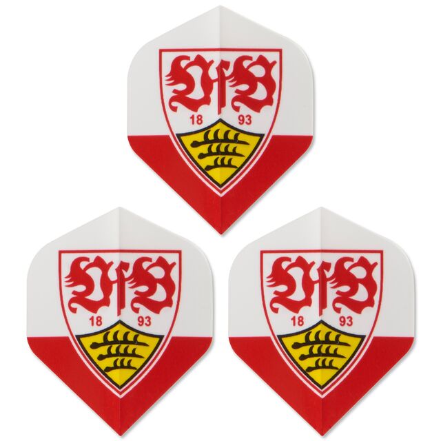 drei weiß-rote Dart Flights mit VfB Wappen