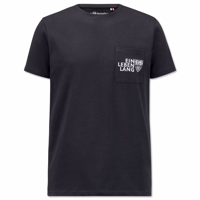Schwarzes T-Shirt mit Brusttasche und Schriftzug Ein Leben Lang, inklusive VfB Wappen 