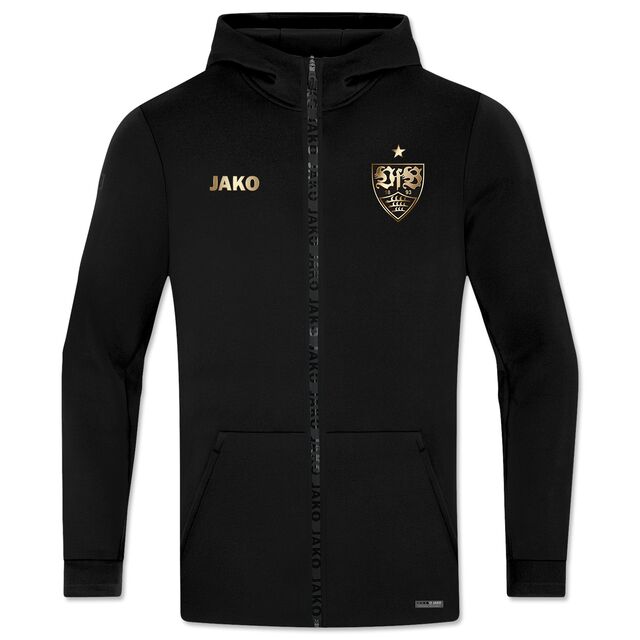schwarze Jacke mit goldenem JAKO-Schriftzug und VfB Wappen sowie schwarzem JAKO Aufdruck am Reißverschluss