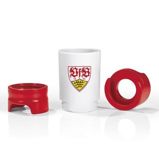Einzelteile eines Flaschenaufsatzes in Weiß und Rot mit dem VfB Wappen