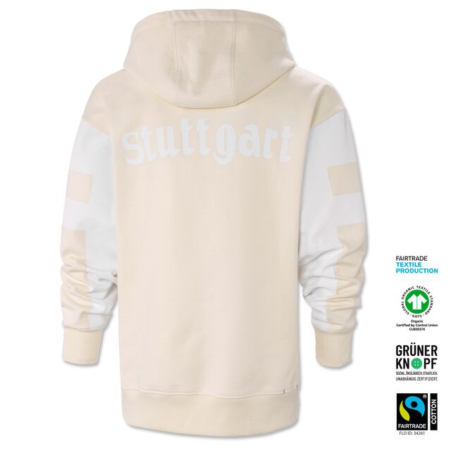 cremefarbene Rückseite des Hoodies mit weißen Elementen und der Aufschrift Stuttgart