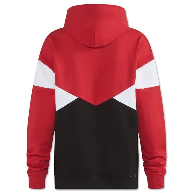 Rückseite des Hoodies in Rot, Weiß und Schwarz