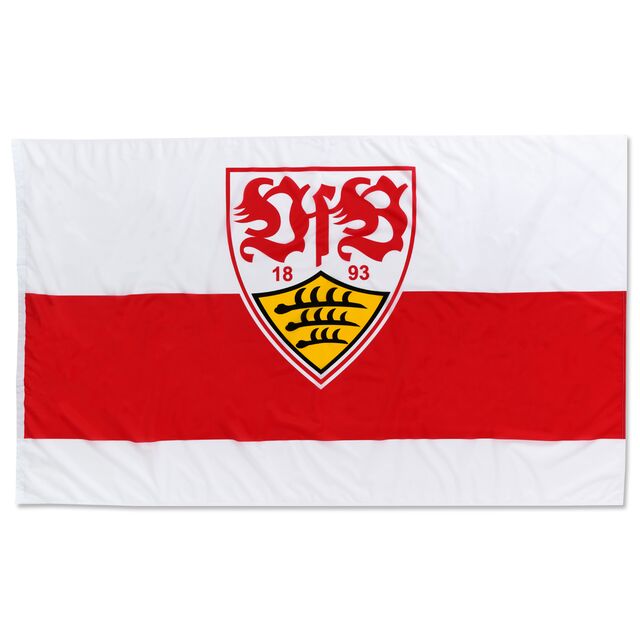weiße VfB Hissfahne mit rotem Brustring und VfB Wappen