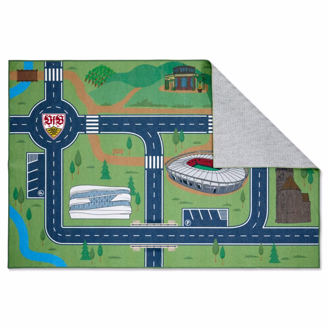 Spieleteppich mit Wahrzeichen der Stadt Stuttgart inklusive Stadion und VfB Wappen 